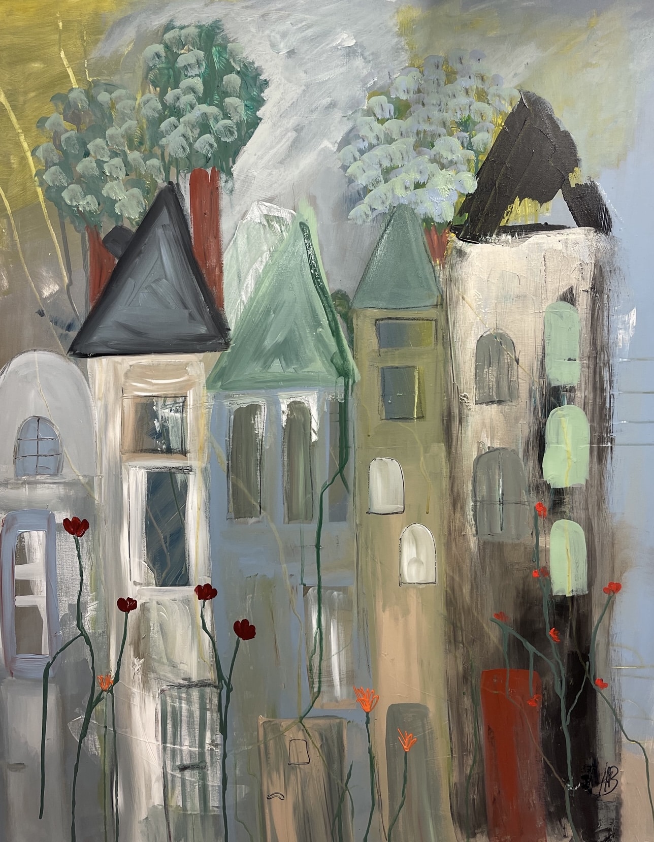 Lærredstryk - Village 2 Sølv svæveramme 60x80